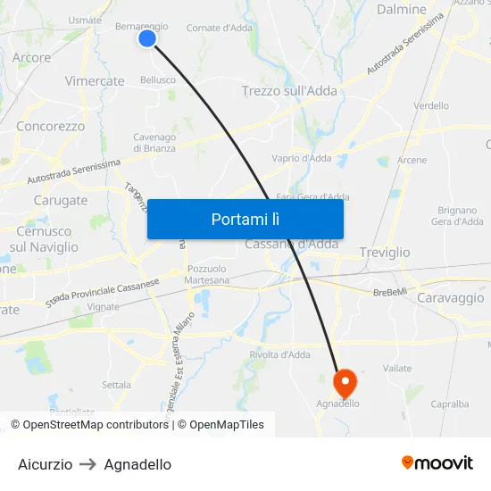 Aicurzio to Agnadello map