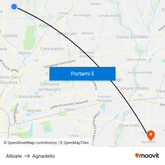 Albiate to Agnadello map