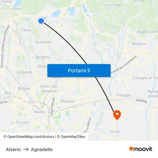 Alserio to Agnadello map