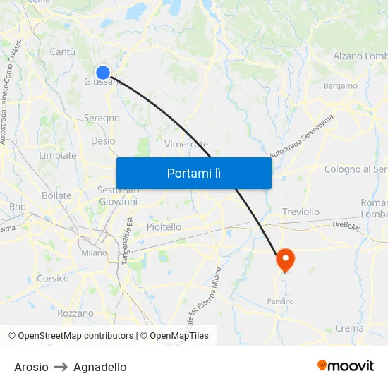Arosio to Agnadello map