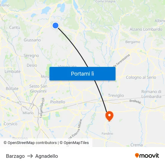 Barzago to Agnadello map