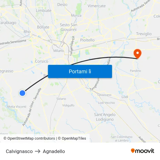Calvignasco to Agnadello map