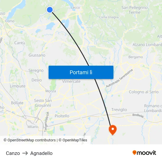 Canzo to Agnadello map