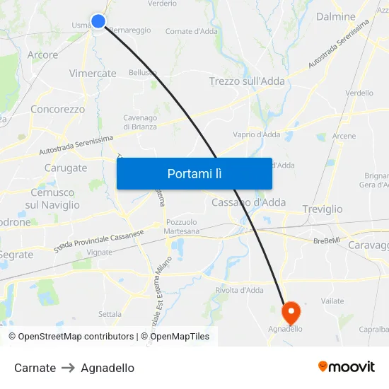 Carnate to Agnadello map