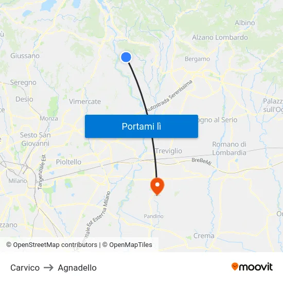 Carvico to Agnadello map