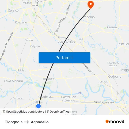 Cigognola to Agnadello map