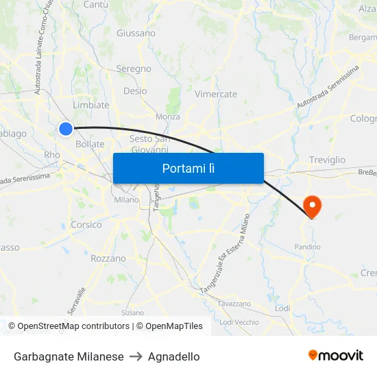 Garbagnate Milanese to Agnadello map