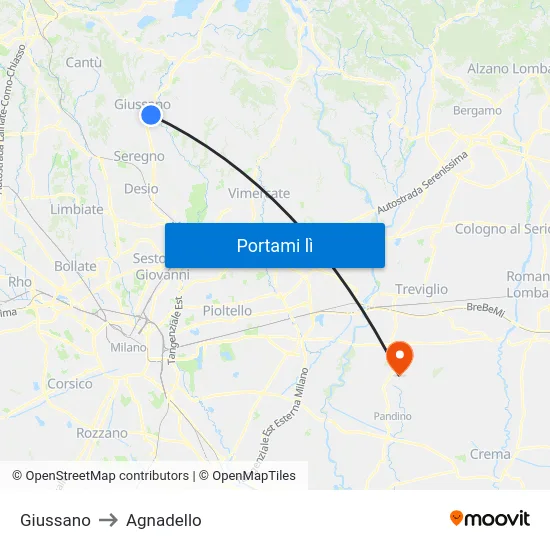 Giussano to Agnadello map