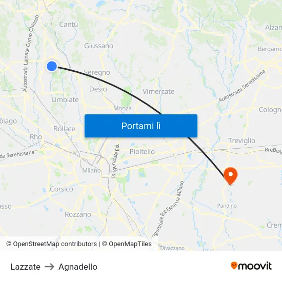 Lazzate to Agnadello map