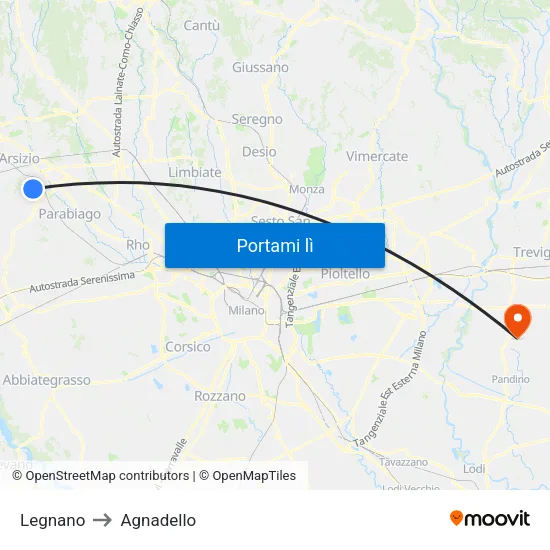 Legnano to Agnadello map