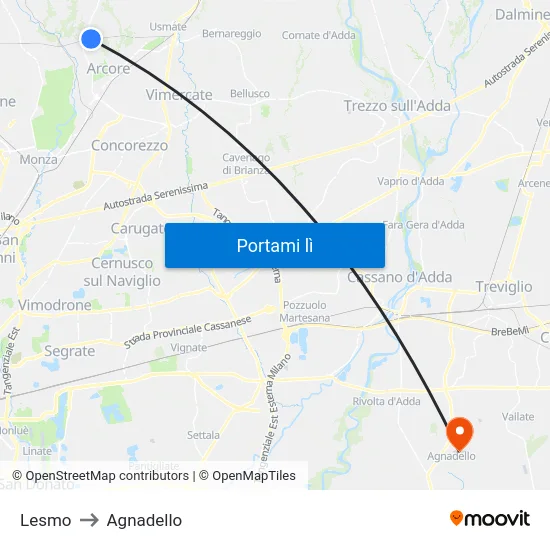 Lesmo to Agnadello map