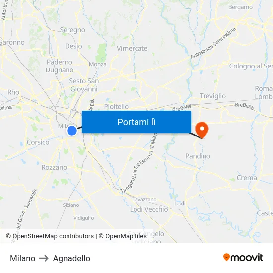 Milano to Agnadello map