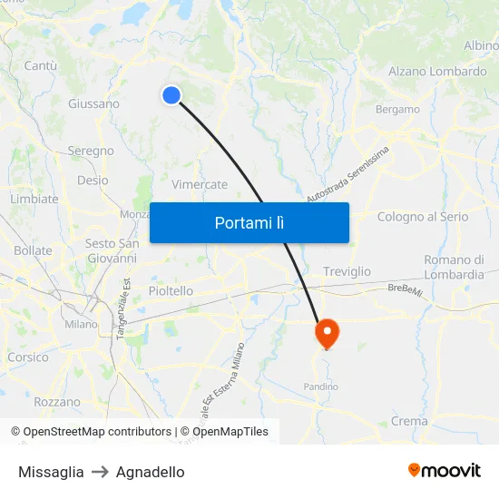 Missaglia to Agnadello map