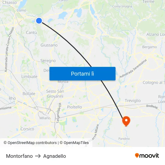 Montorfano to Agnadello map