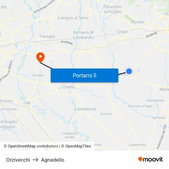 Orzivecchi to Agnadello map