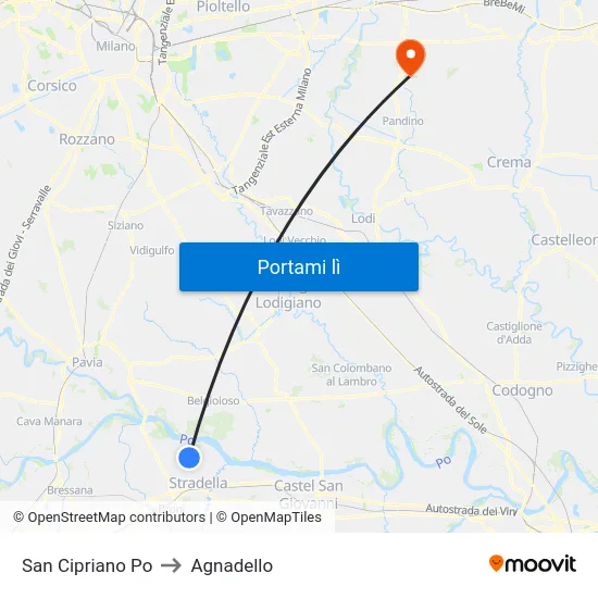 San Cipriano Po to Agnadello map