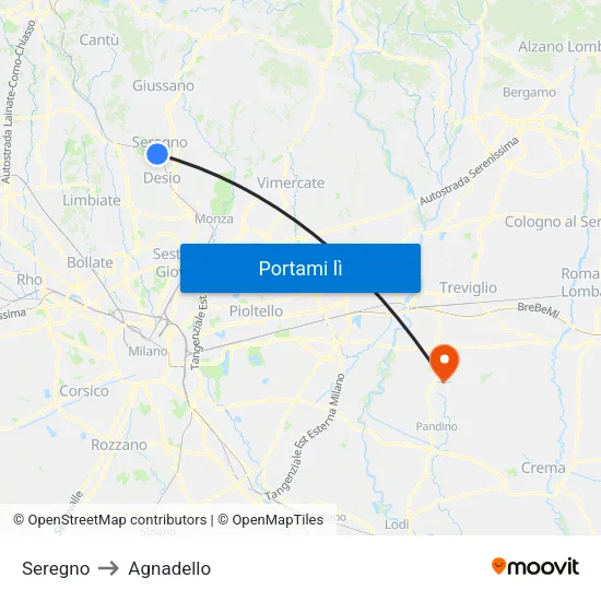 Seregno to Agnadello map