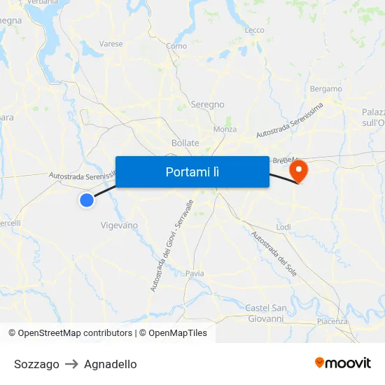 Sozzago to Agnadello map