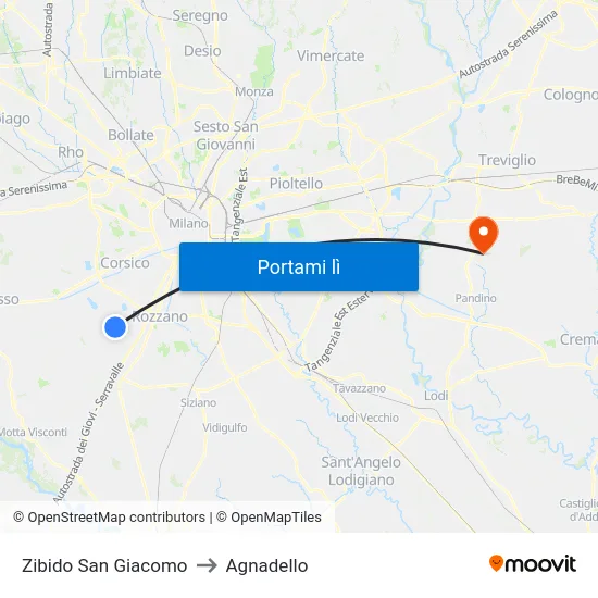 Zibido San Giacomo to Agnadello map
