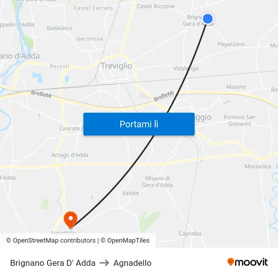 Brignano Gera D' Adda to Agnadello map