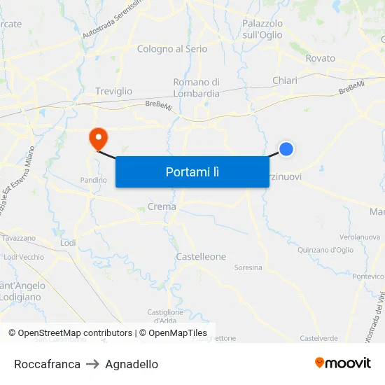Roccafranca to Agnadello map
