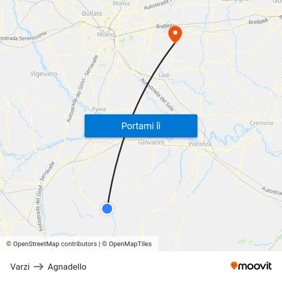 Varzi to Agnadello map
