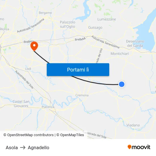 Asola to Agnadello map