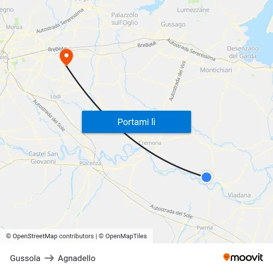 Gussola to Agnadello map