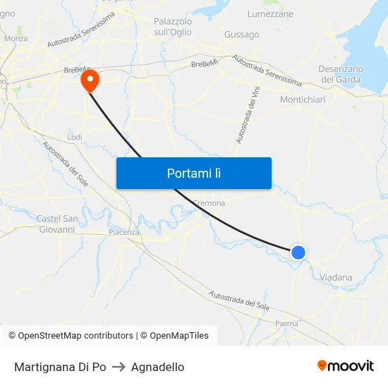 Martignana Di Po to Agnadello map