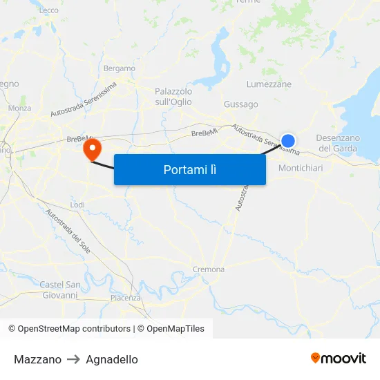 Mazzano to Agnadello map