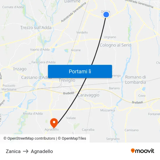Zanica to Agnadello map