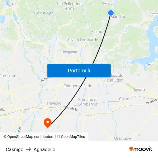 Casnigo to Agnadello map