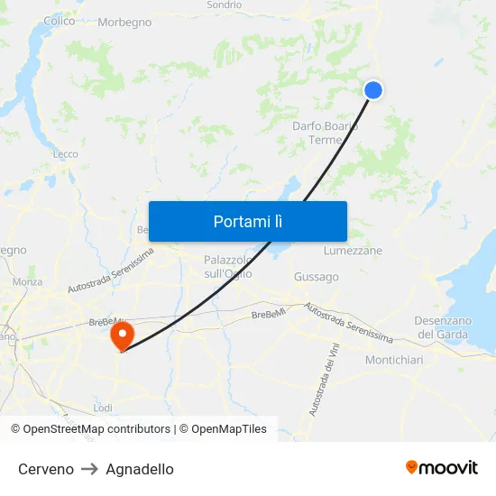 Cerveno to Agnadello map