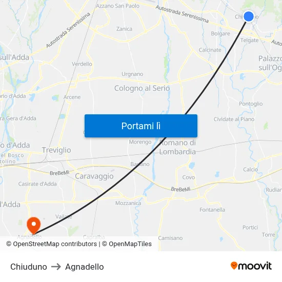Chiuduno to Agnadello map