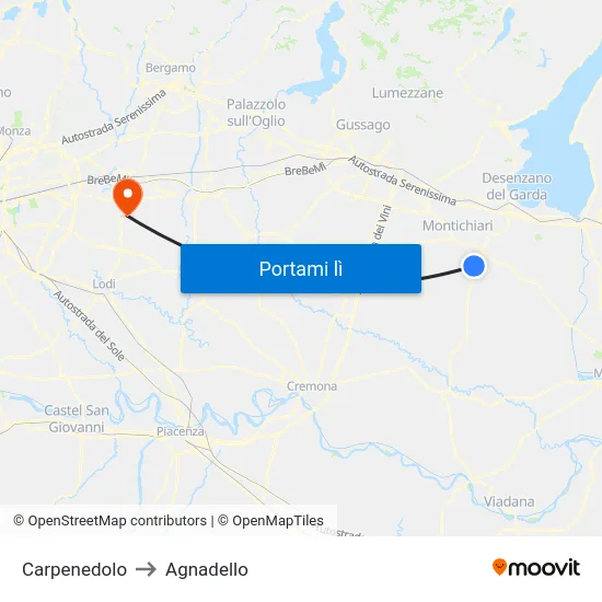 Carpenedolo to Agnadello map
