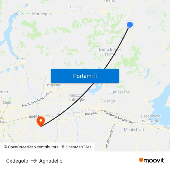 Cedegolo to Agnadello map