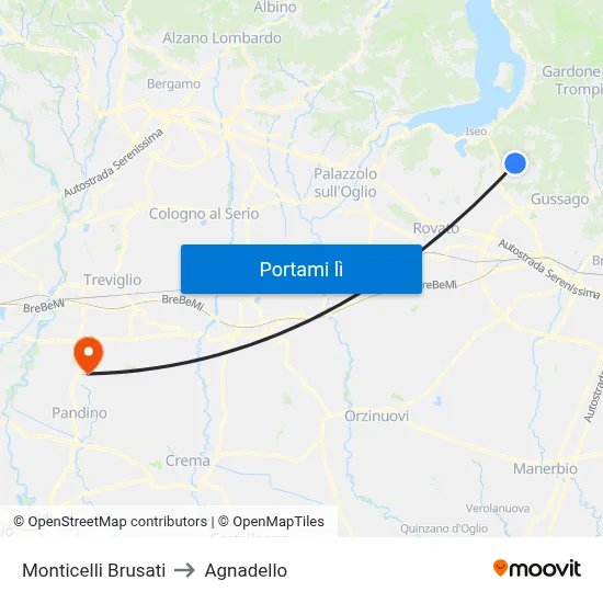 Monticelli Brusati to Agnadello map