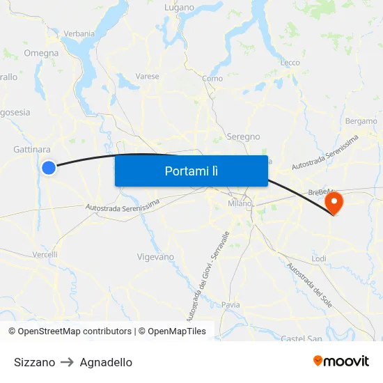 Sizzano to Agnadello map