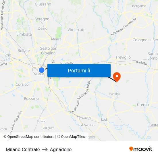 Milano Centrale to Agnadello map