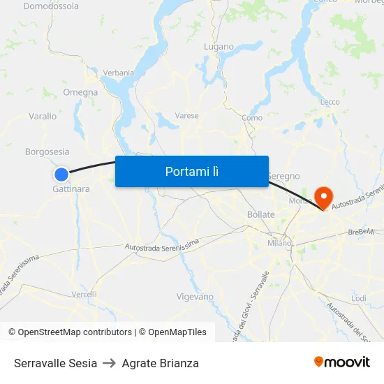 Serravalle Sesia to Agrate Brianza map