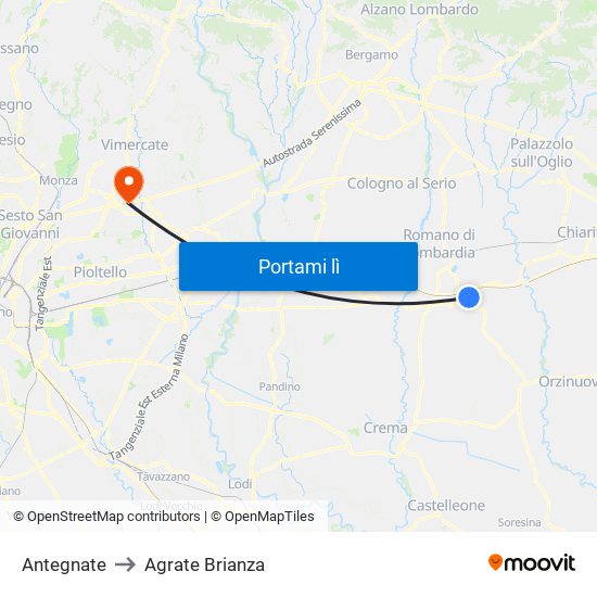 Antegnate to Agrate Brianza map