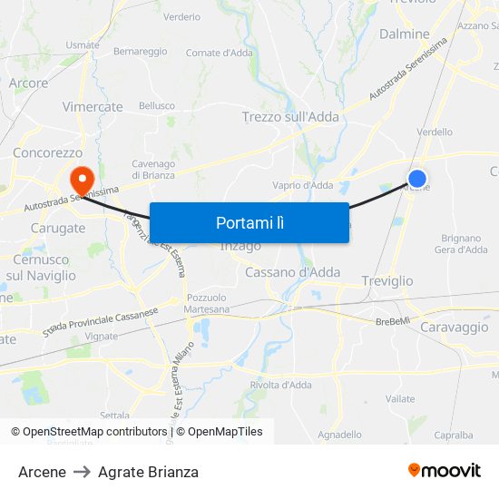 Arcene to Agrate Brianza map