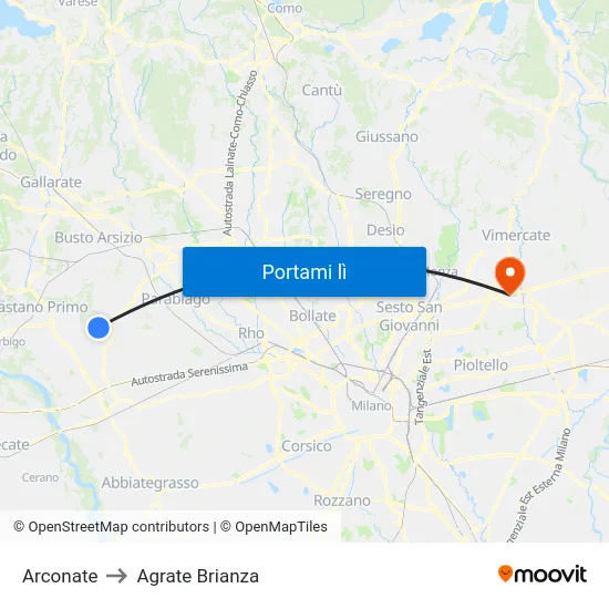 Arconate to Agrate Brianza map