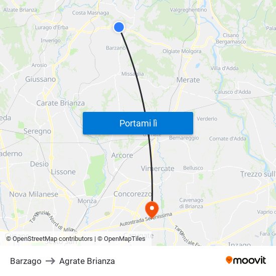 Barzago to Agrate Brianza map