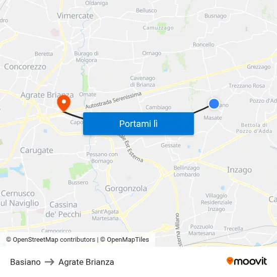 Basiano to Agrate Brianza map