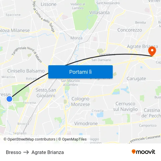 Bresso to Agrate Brianza map