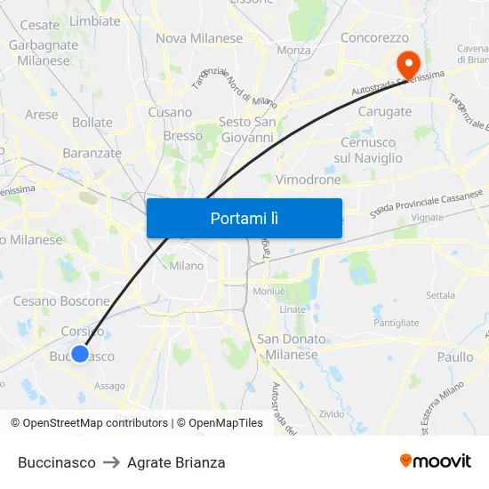 Buccinasco to Agrate Brianza map