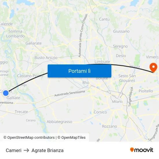 Cameri to Agrate Brianza map