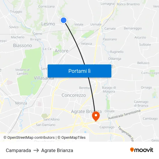 Camparada to Agrate Brianza map