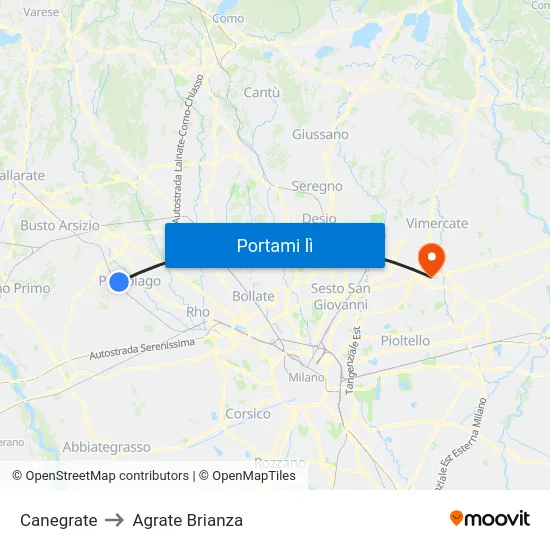 Canegrate to Agrate Brianza map